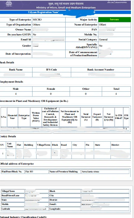 Udyam Annexure Certificate Sample